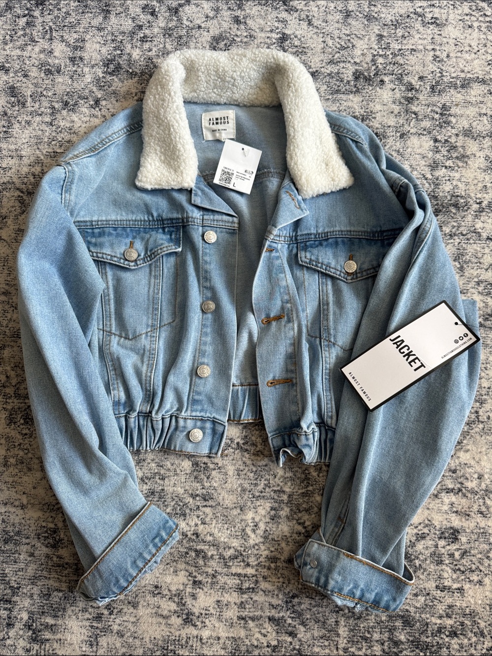 Almost Famous Light Blue Denim Trucker Jacket with White Sherpa Collar
